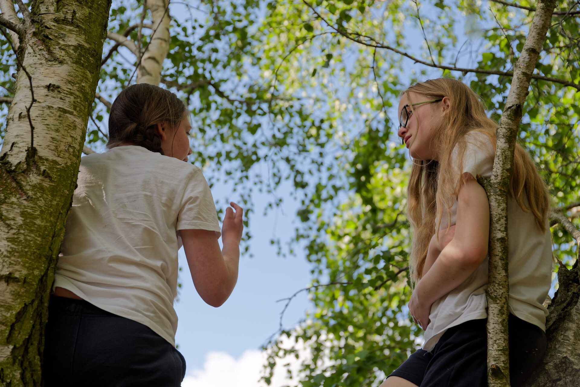 Two students chatting outside with leaves and blue sky behind them.